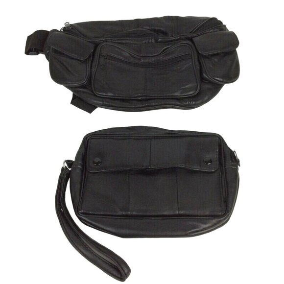 Large Black Vegan Leather Fanny Pack & Clutch Travel Purse Combo Adjustable - Picture 1 of 7